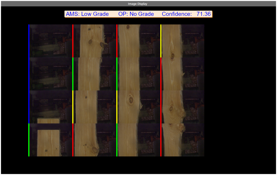 Cant graded as a low grade cant by software. Red, yellow, and green lines to the left of the segment images show classifications of low, medium, and high respectively. 